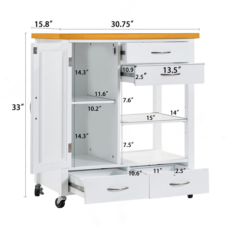 Kitchen Island Cart With Walnut Wood Top, Rolling Storage Cabinet On Wheels With Drawers, Sideboard Buffet With Towel Bar, White