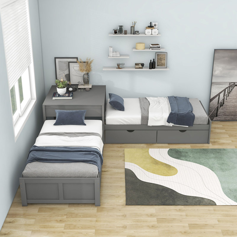 Twin Size L-Shaped Platform Bed with Trundle and Two Drawers, Grey