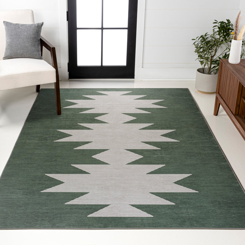 Katriel Minimalist Geometric Machine-Washable Dark Green/Light Gray Rug, Rectangle 8'10" x 12'