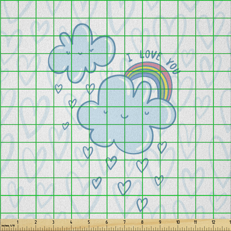 Baskin Cloud Characters with Hearts and Rainbows Couples Multi-Purpose Fabric