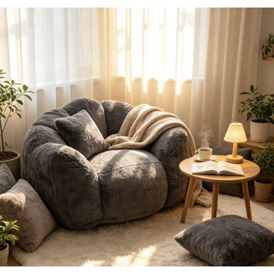 Fauteuil d'appoint paresseux « Pétale Nuage » de 100 cm de large, en fausse fourrure de lapin.