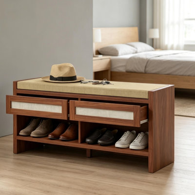 Cushioned Shoe Storage Bench with Rattan Drawers & Open Shoe Shelf for Entryway