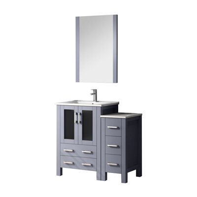 Gris foncé 36 po Meuble-lavabo pour salle de bain avec armoire latérale fermée, robinet, comptoir en céramique blanche et miroir de salle de bain large à 22 pieds - robinet en filet, comptoir, décoratif