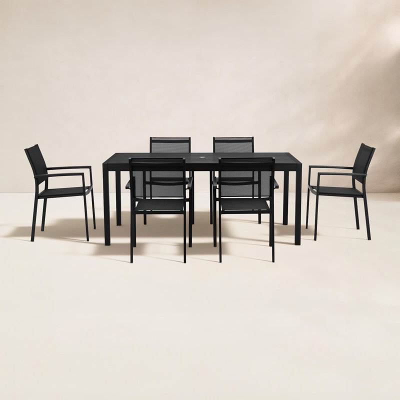 Devan 6-Person Aluminum Patio Dining Set with Rectangular Table, Black Frame/Black Top
