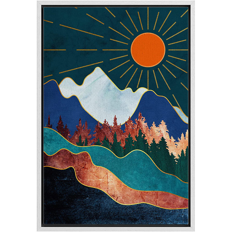 Marbre, chaîne de montagnes, forêt, soleil, nature, illustrations abstraites, paysage rustique - cadre flottant, impression sur toile