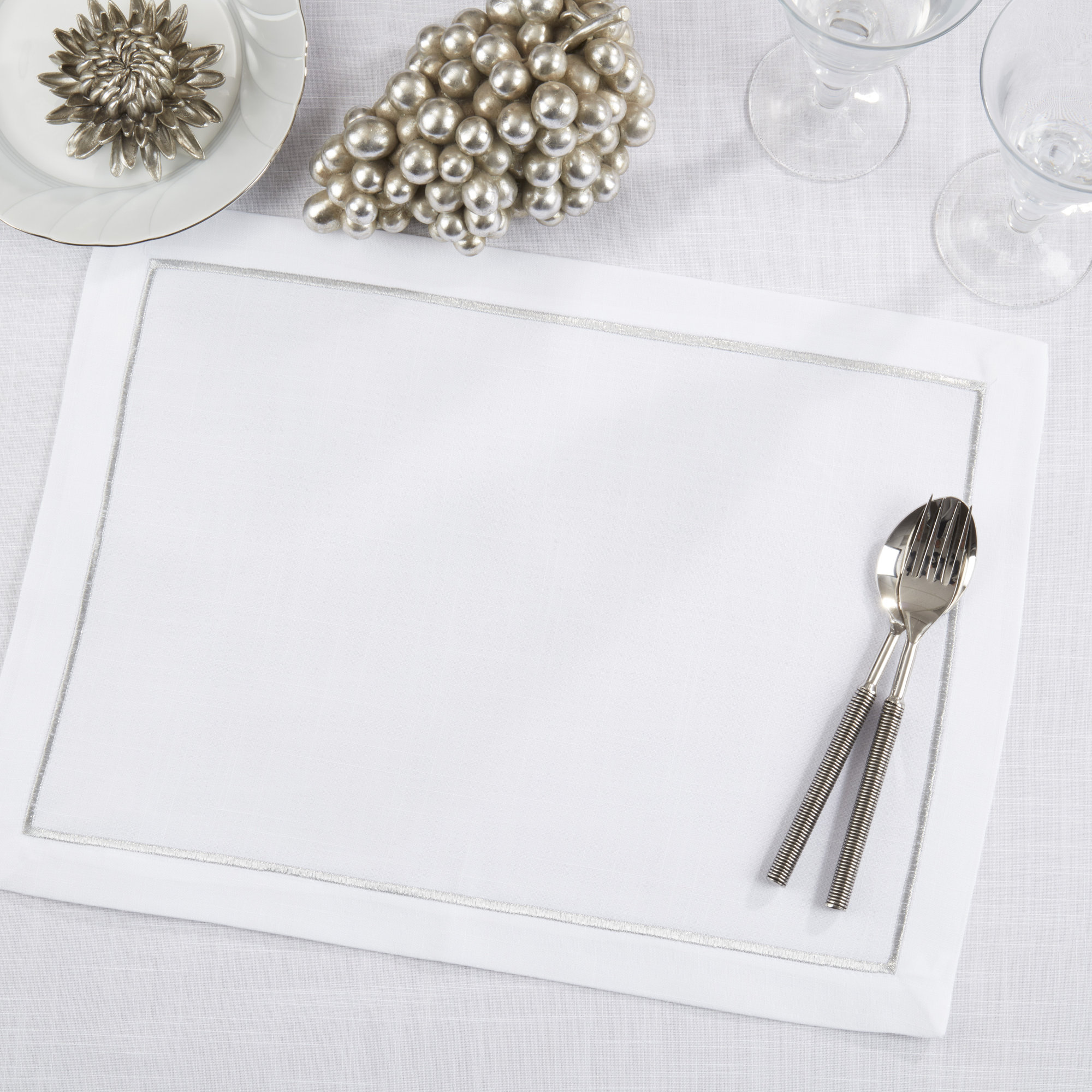 Embroidered Line Design Placemat (Set of 4), Silver