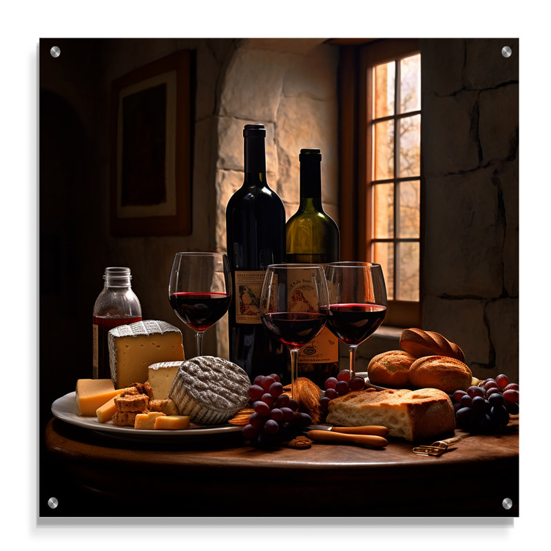 Gourmet Wine and Cheese Perfection V - Art mural acrylique vin et champagne, H 36 po x l 36 po