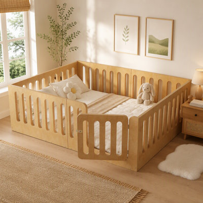 Full Size Floor Bed With High Fence For Kids, Solid Wood Kids Montessori Bed With Door