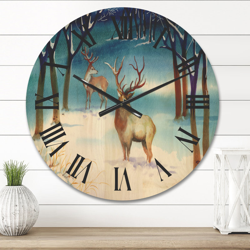 Horloge murale paysage d'hiver avec cerfs, Petit