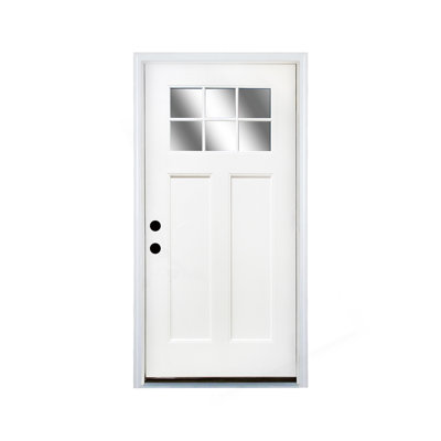 Fiberglass Entry Door, 36'' X 80" Door With Brickmould,4-9/16 Vinyl Frame,White Primed, Right Hand Inswing, Front Entry Knock-Down Door, 2-Panel Craftsman, 6-Lite Low-E Glass
