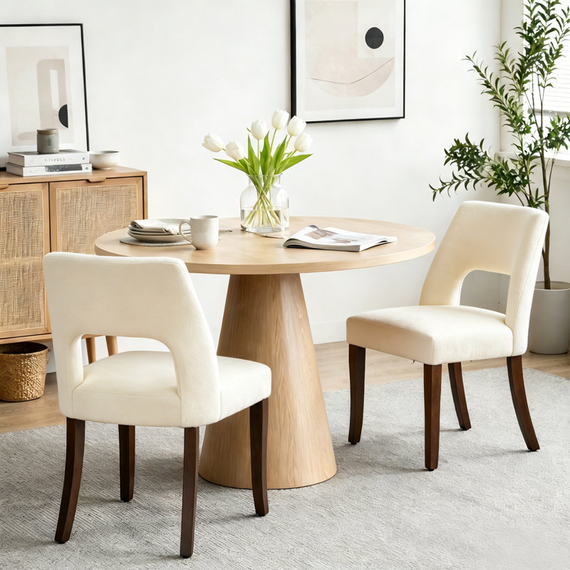 Ensemble de 2 chaises de salle à manger en chenille avec pieds courbés en bois massif, Beige, Beige