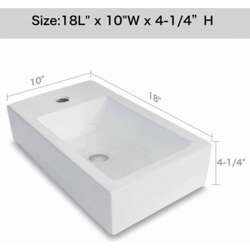 18X10   Ceramic Rectangle Wall Mount Bathroom Sink With Single Faucet Hole
