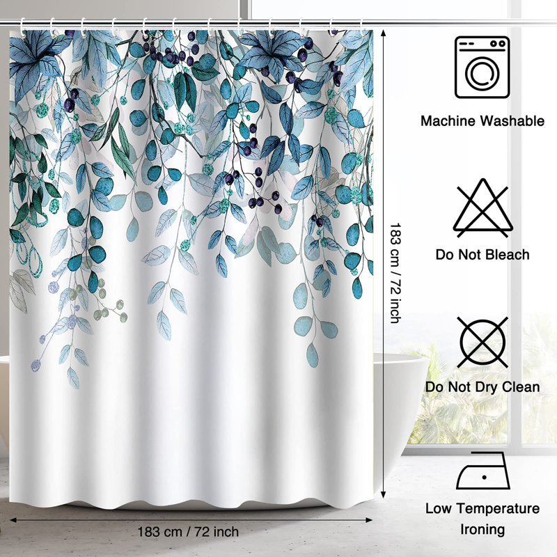 Bathroom Shower Curtain with 12 Hooks, Blue Floral 2