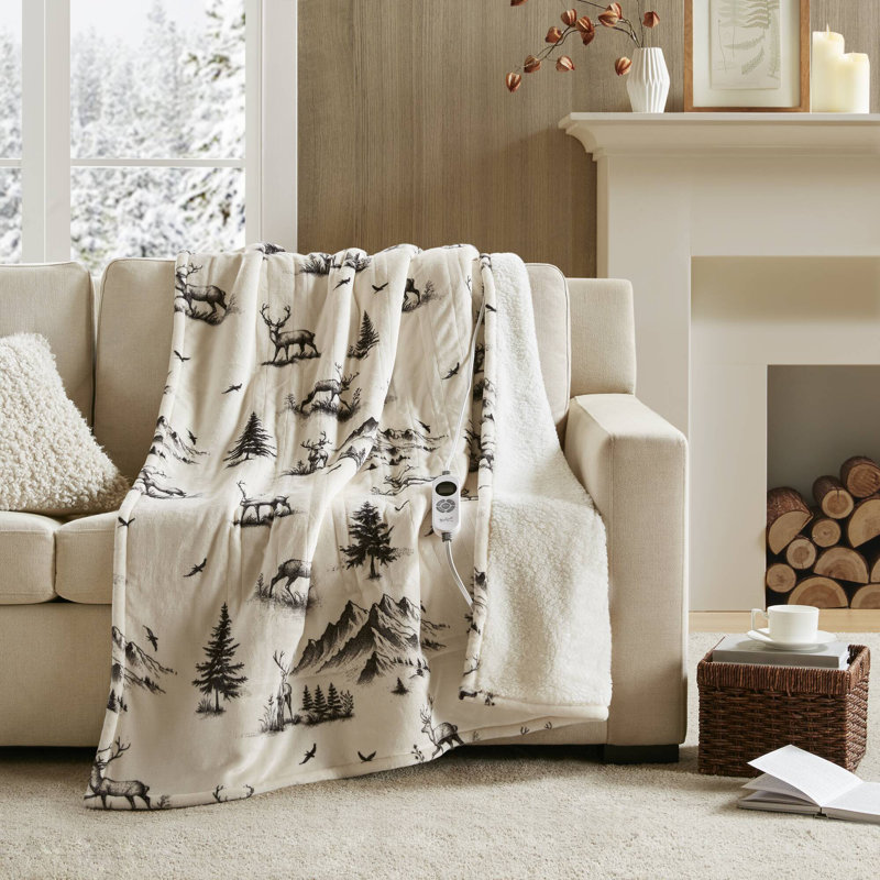 Print Plush To Sherpa Deer Ultra-Soft Last-Setting Memory 50x60" Heated Throw with 12 Heat Settings, White/Gray