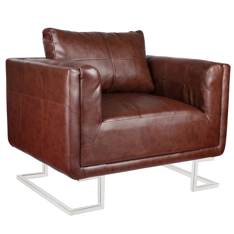 Fauteuil cubique avec pieds en cuir chromé, Similicuir brun