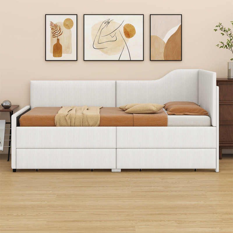 L-Shaped Daybed,Upholstered Bed Frame With 2 Storage Drawers, Beige