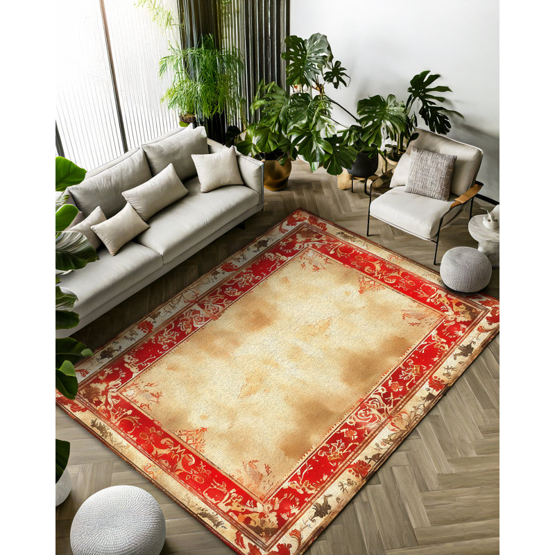 Mottos Beige Red Oriental Machine Printed Cotton Polyester Area Rug, Round 3'4"