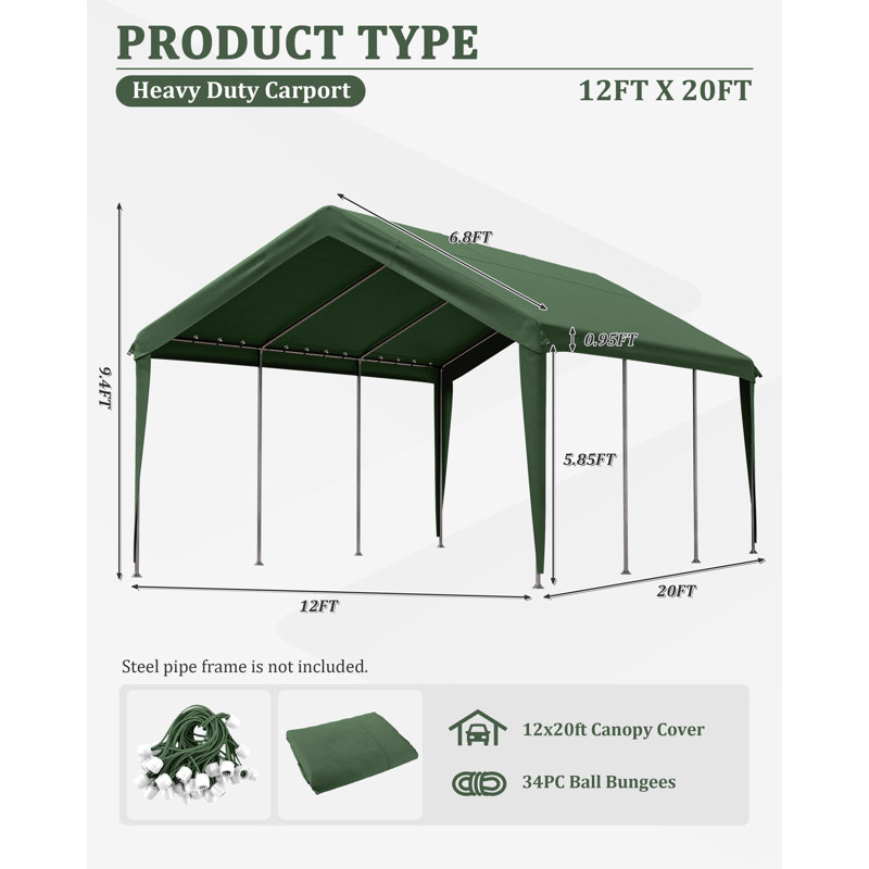 Carport Canopy Replacement Cover With Ball Bungees (Frame Is Not Included), Green, 112.8" H x 144" W x 240" D