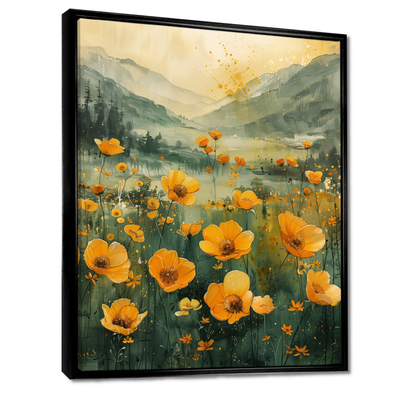 Reproduction d'art murale jaune jaune vert Sunlit Meadow III - Bouton d'or, Toile avec cadre flottant noir