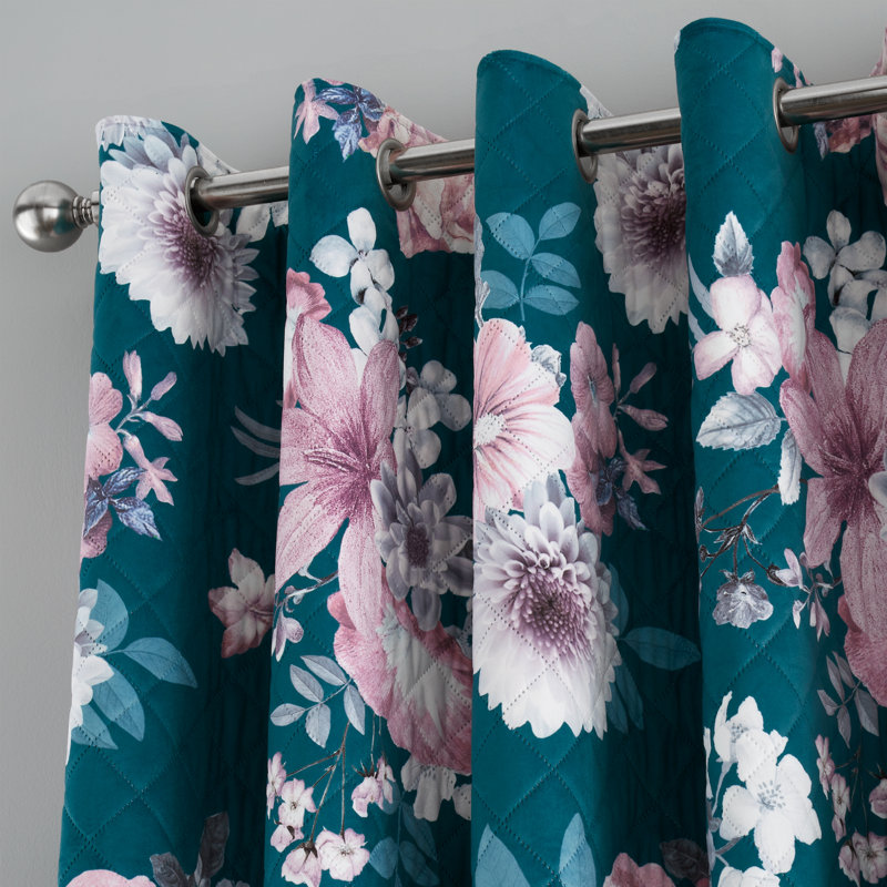 Catherine Lansfield Shrewsbury Floral Velvet Pinsonic Thermal Eyelet Curtains Two Panels Teal, 229 W x 229 D cm