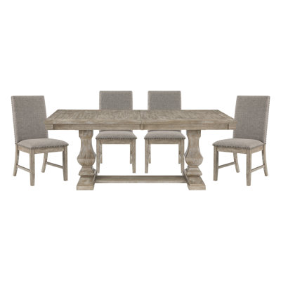 Traditional 5 Piece Dining Set Extendable Rectangular Dining Table with 4 Upholstered Chairs