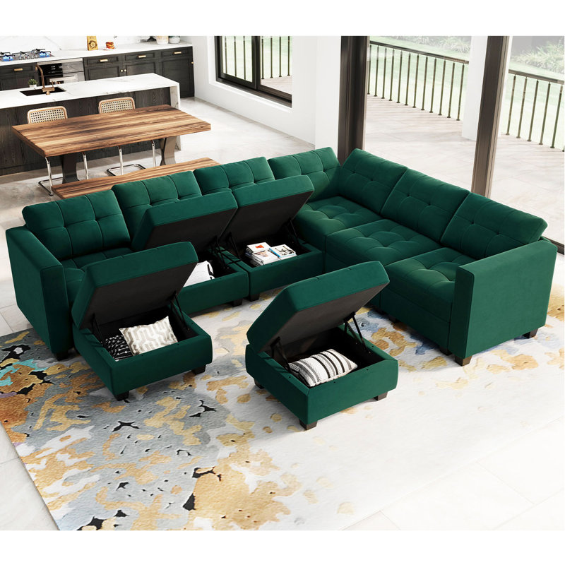 Canapé modulaire réversible de l 143 po avec repose-pieds avec rangement, Velours vert
