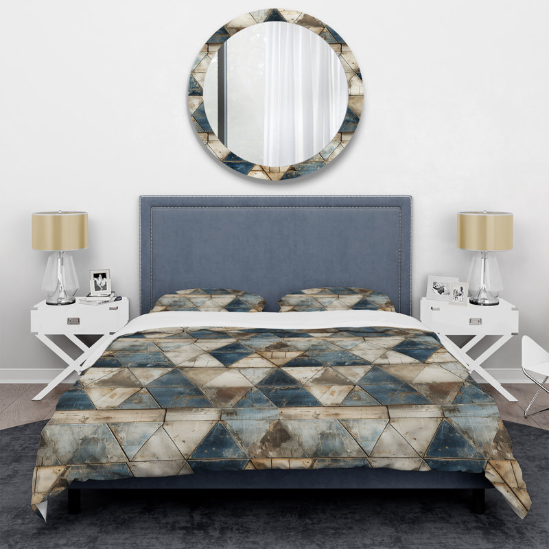 Natural Tones Grey And Beige Mosaic Geometric Shapes Duvet Cover, King Duvet Cover + 2 King Shams, Geometric Shapes 8