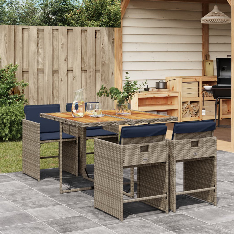 Latitude Run® 5 Piece Patio Dining Set With Cushions Gray Poly Rattan, Blue/Gray, 4