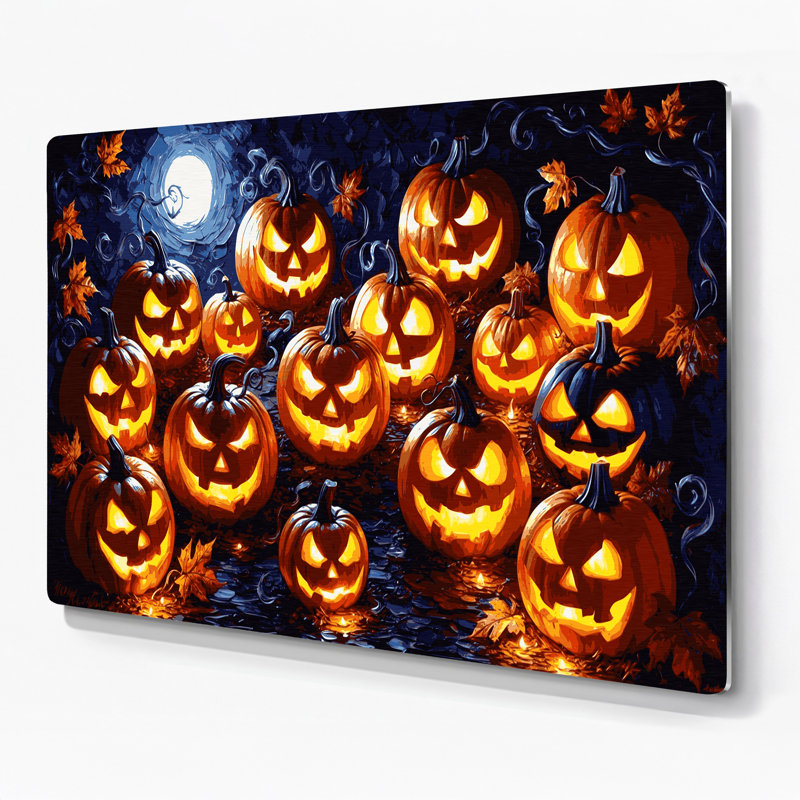 Halloween, citrouille d'Halloween, lanternes et citrouilles sculptées, art en métal rouge, H 24 po x l 36 po