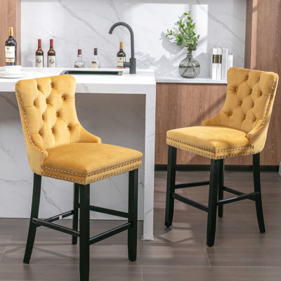 Élégantes chaises de bar rembourrées en velours avec garniture cloutée décorative, fabrication en bois massif - de 2 pièces en mousse haute élasticité Mid-Century moderne, cadre doré