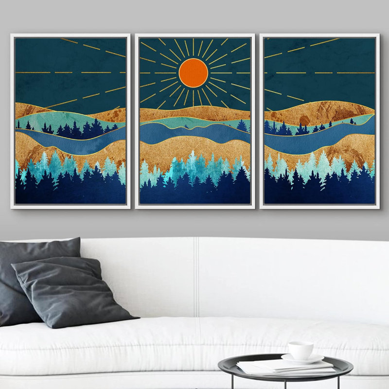 " Shining Orange Sun & Granite Mountain Forest Nature Wilderness Modern Art Rustic Scenic Colourful " 3 - Pieces, Blanc