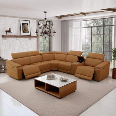 Ensemble de canapé inclinable de salon en cuir brun clair 6 pièces