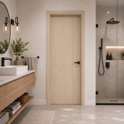 DEPOT E-SHOP 30 in. x 80 in. PVC AquaDoor Kit - Waterproof Interior Slab Door with Adjustable WPC Frame, Weatherstrip and Trim Moulding for Bathroom, Kitchen and Laundry Room - Light Oak
