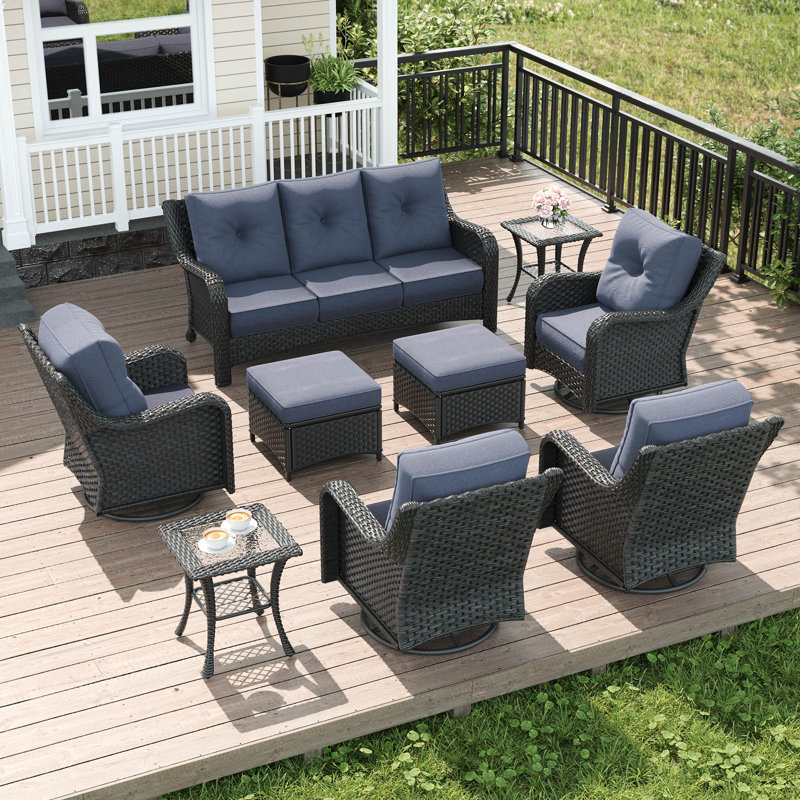  9 Piece Wicker Outdoor Furniture Set with 6-inch Comfy Cushions, High Back Patio Furniture Set with Swivel Rocking Chairs and Side Table