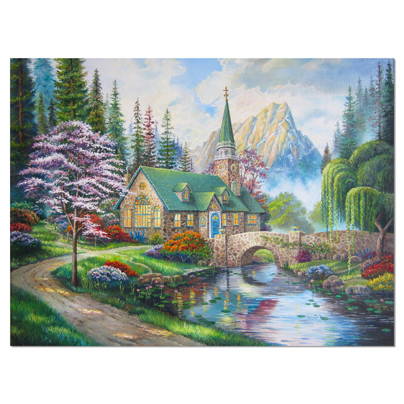 Église en forêt, H 30 po x l 40 po x 1,5 po, Toile tendue