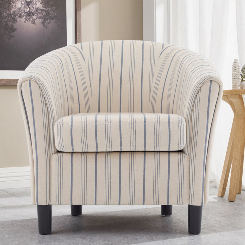 Fauteuil demi-tonneau en tissu rayé beige et bleu avec pieds en bois massif