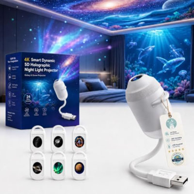2026 Upgraded Hd Smart Dynamic 5D Holographic Night Light Projector with 24 Films, Plug and Play HD Star Projector, 2-in-1 Galaxy Star Projector, 360 Rotating, USB Powered (With 6 Films)
