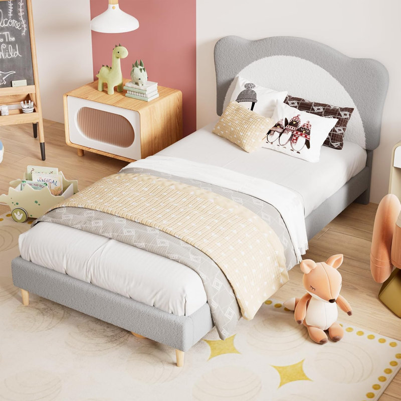 Twin Size Bed Frame for Kids - Cute Velvet Princess Platform Bed with Upholstered Headboard for Girls/Boys, Solid Wood Slats Support, No Box Spring Needed, Grey + White