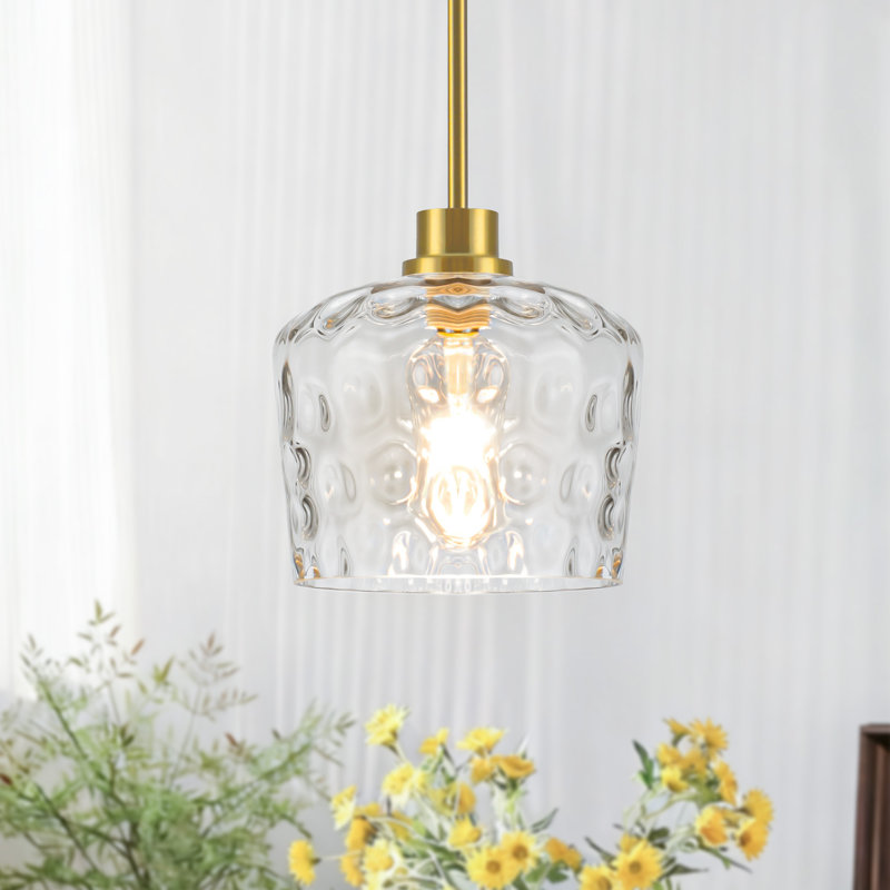 1-light 7.67" Clear Hammered Glass Pendant Light Kitchen Island Light, Brass