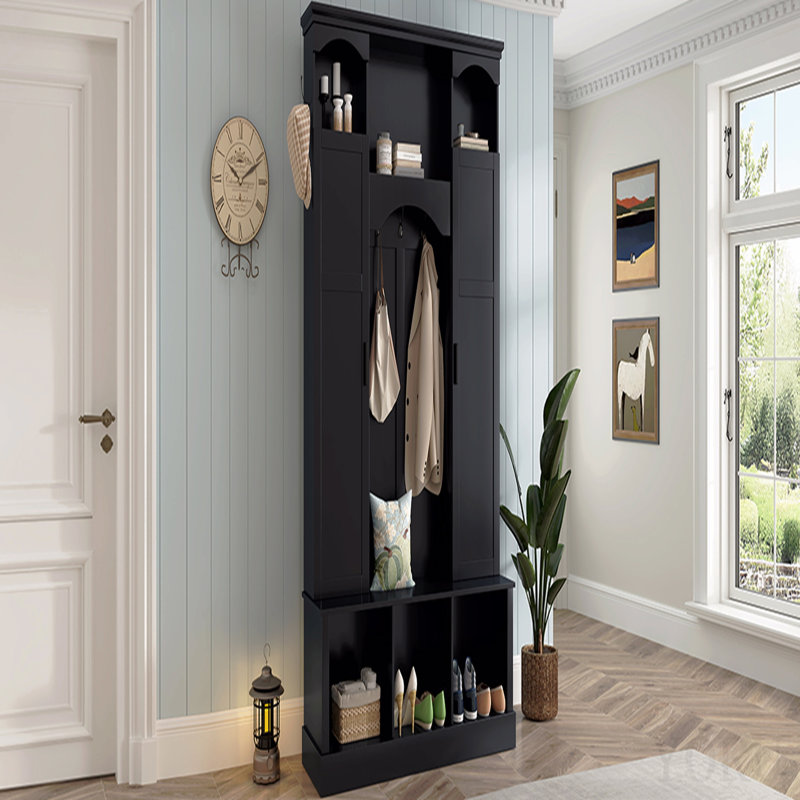 Portemanteau tout-en-un moderne avec tablettes réglables, banc de rangement arqué classique avec armoires latérales doubles, organisateur de hall d'entrée élégant avec 7 crochets pour vestibule, couloir, noir