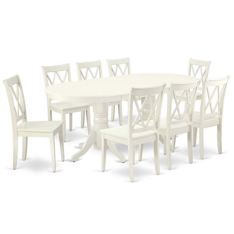 Ensemble de table de salle à manger 9 pièces comprenant une table de salle à manger ovale avec rallonge papillon et 8 chaises en bois, lin blanc