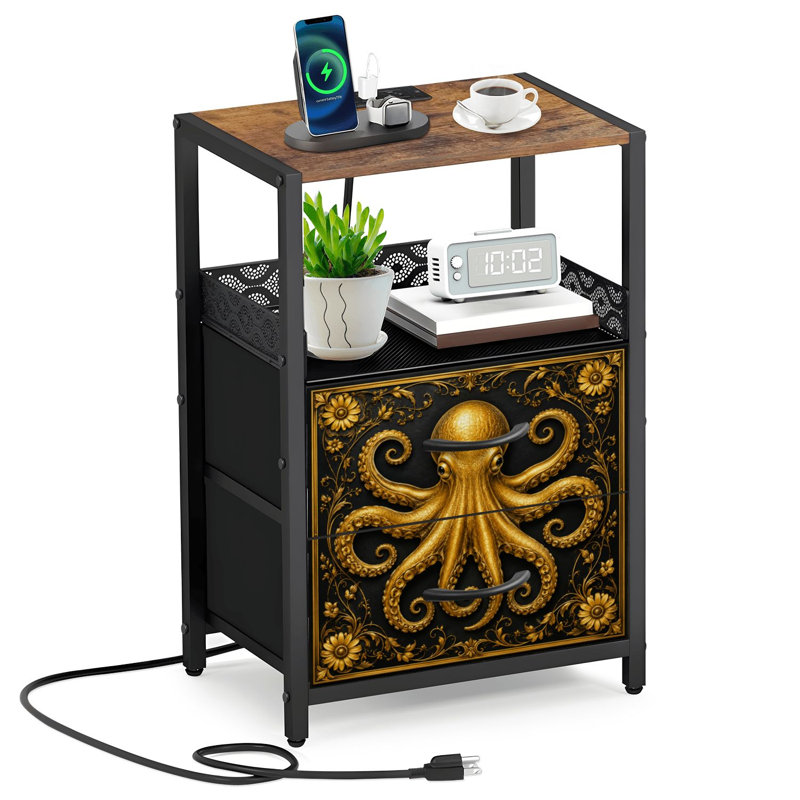 Table de chevet 2 tiroirs en tissu avec station de charge Golden Octopus