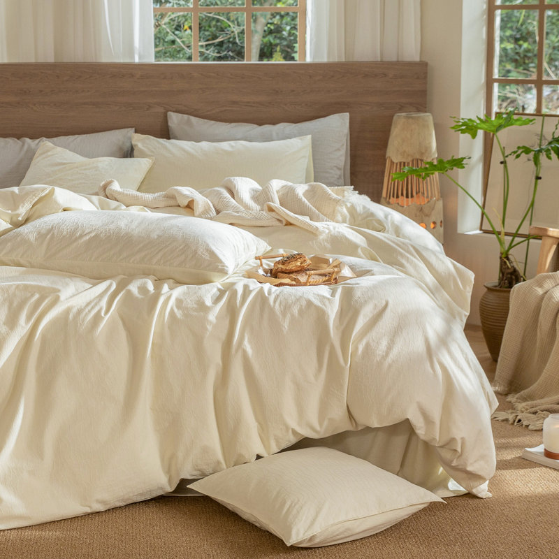 MooMee Wavy Striped Duvet Cover Set 100% Washed Cotton Linen Like Textured Breathable Lightweight, Cream White