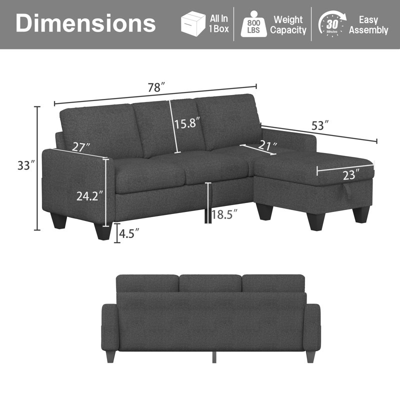 Canapé modulaire 3 pièces Sarahkate, Mélange de lin gris foncé
