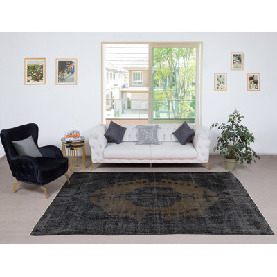 Tapis noir en laine 6,2 x 10,2 pi. Tapis moderne noué à la main