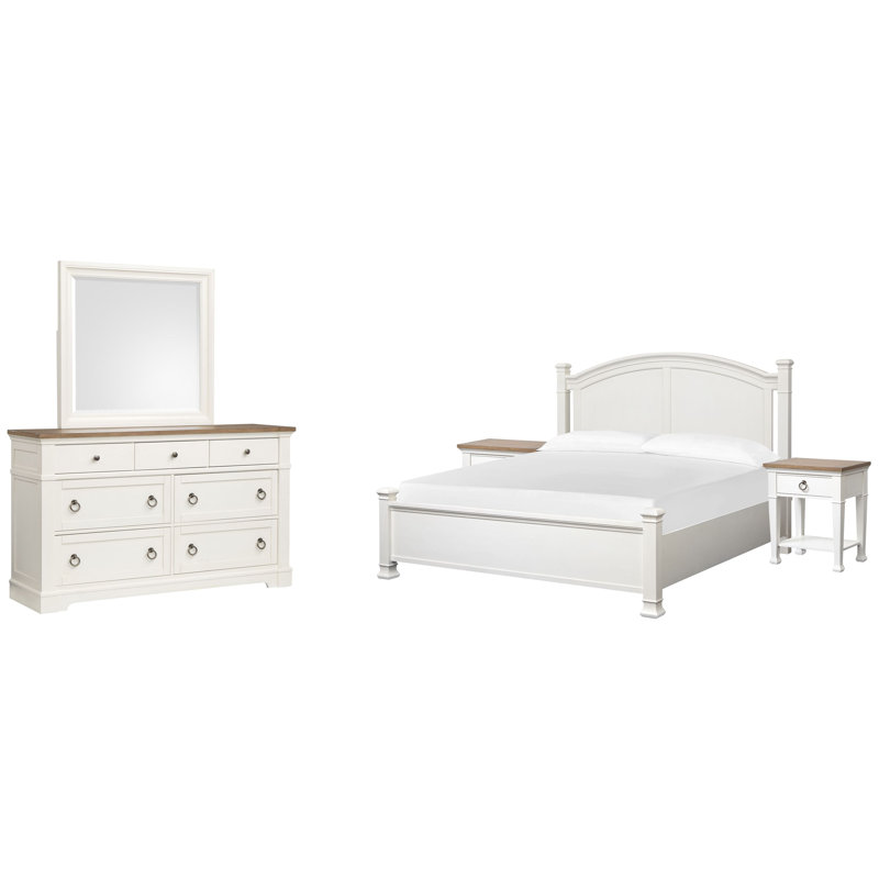 Grand lit à panneaux Gelinas avec 2 tables de chevet ouvertes et commode avec miroir, Grand