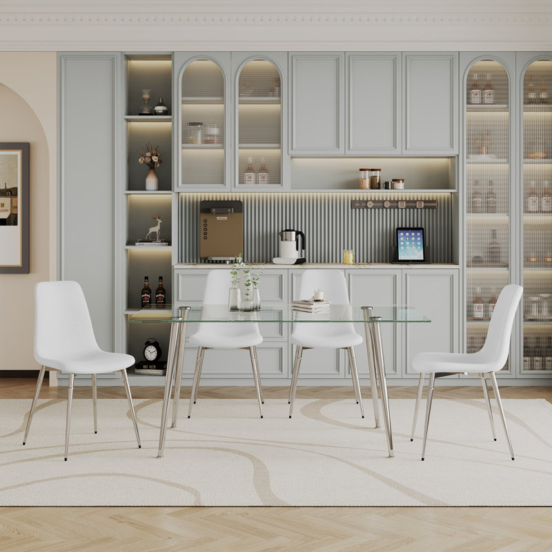 Glass Top Four Leg Dining Set, White/Silver, 5 Pieces: Table, 4 Chairs, 29.5" H x 31.4'' L x 51.2'' W