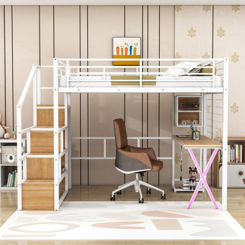 Loft Bed With LED Strip, Built‑In Desk, Open Wardrobe, Storage Stairs And Guardrails, Full, White