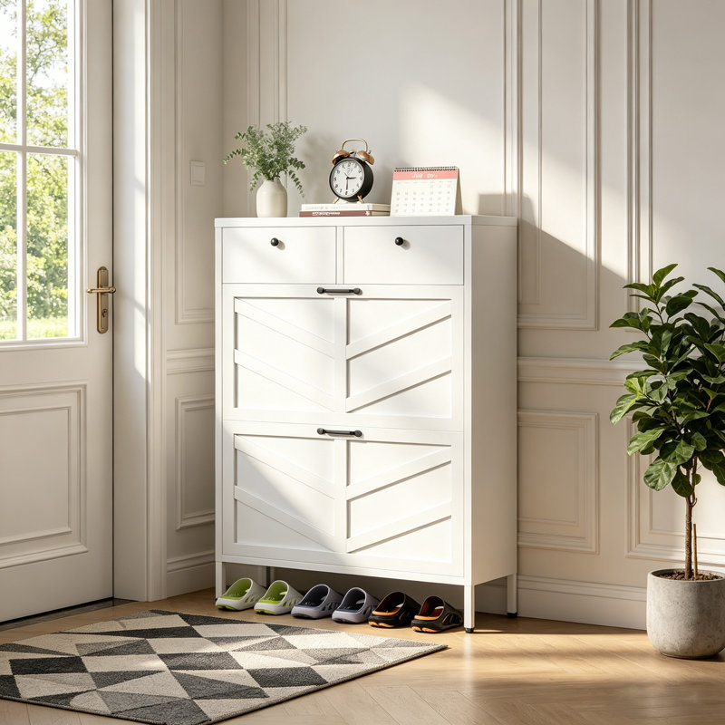31.5" Slim Metal Shoe Cabinet with Flip Drawers and Anti-Tip Device