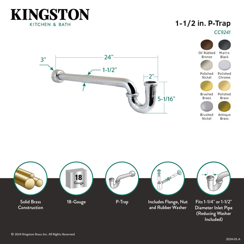Kingston Brass Trimscape 1-1/4 (or 1-1/2) x 1-1/2 Inch Decor P-Trap with High Box Flange, 24 Inch Length, 18 Gauge